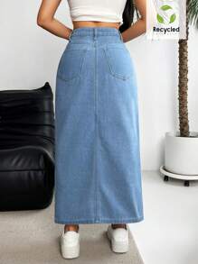 SHEIN Essnce 牛仔A字裙，纯色，时尚，适合夏季 - 藍色 - 查看 2