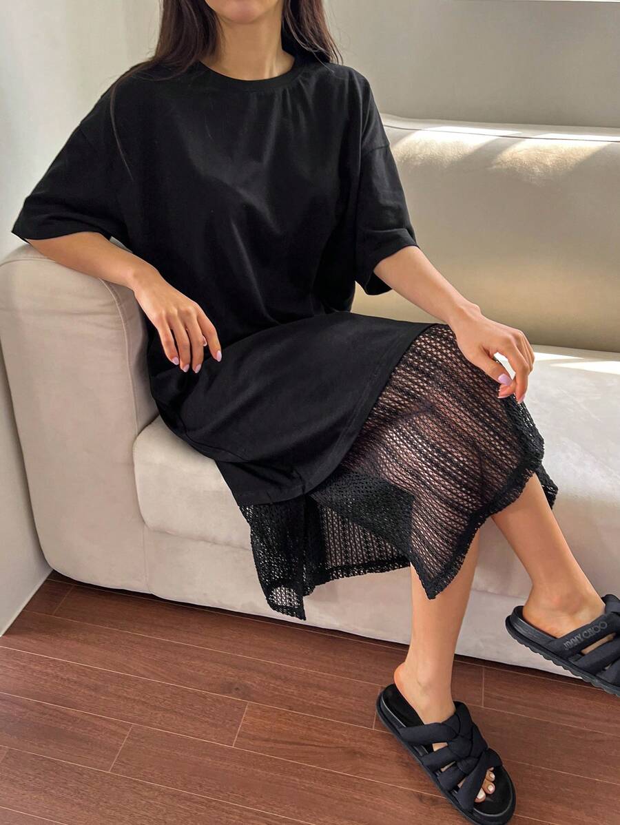 DAZY 休闲宽松家居服，女士拼接设计家居服，Moo Moo 睡衣 - 黑色 - 查看 1