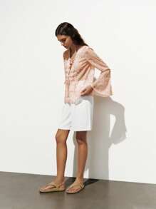 Lumivelle Women's Fashion Lace-Up Flare Sleeve Chiffon Printed Blouse