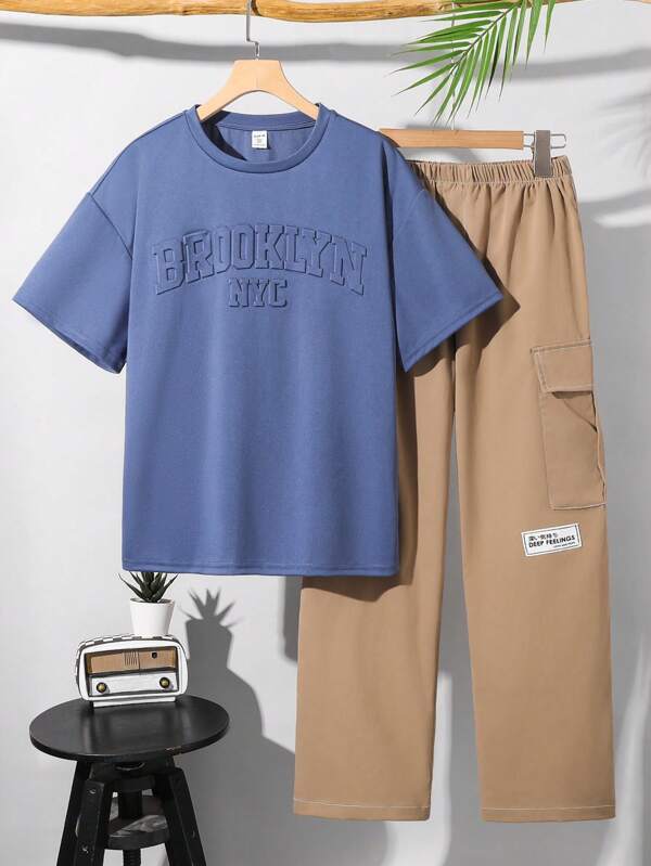 SHEIN 2pcs/Set Teen Boys' 3D Letter Embossed Round Neck Short Sleeve T-Shirt With Cargo Pockets, Contrast Trim Gray Pants, Casual, Sports, Vacation, School, Party, Fashion & Versatile For Spring/Summer