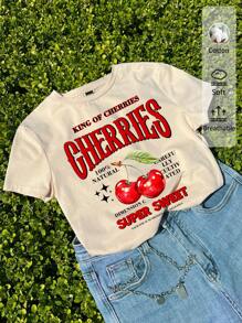 Tseoso Áo thun nữ cổ tròn tay ngắn in họa tiết quả anh đào tối giản giản dị - Màu be - Xem 1