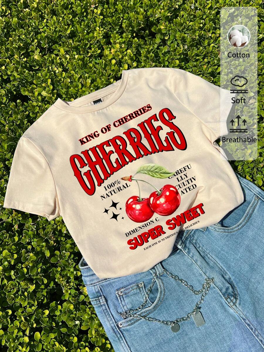 Tseoso Áo thun nữ cổ tròn tay ngắn in họa tiết quả anh đào tối giản giản dị - Màu be - Xem 1