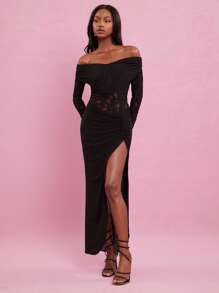 NYA SZN 露肩蕾丝高开叉长裙性感鸡尾酒会优雅复古夏季婚礼宾客特殊场合新娘晚宴舞会服装女士 - 黑色 - 查看 1