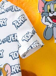TOM & JERRY X SHEIN 男婴卡通酷炫图案短袖T恤和黑色短裤套装，夏季两件套 - 黑與白 - 查看 7