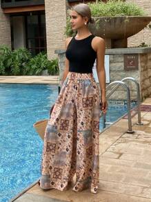 Livesso 波西米亚复古高腰喇叭腿阔腿裤 - 棕色 - 查看 5