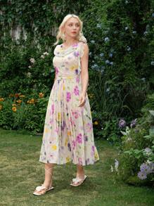 SHEIN MOD 垂領花卉3D裝飾浪漫花卉夏季度假洋裝，波希米亞風服飾 - 彩色 - 查看 5