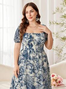 Modelyn Plus Size Elegant Chiffon Printed Square Neck Puff Sleeve A-Line Casual Spring/Summer Dress - Multicolor - View 6