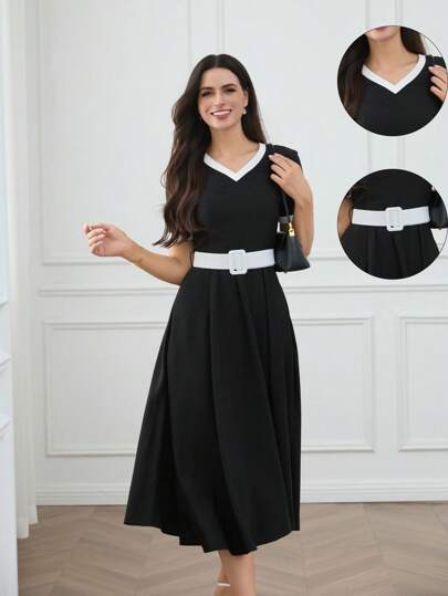 EMERY ROSE Women's Colorblock V-Neck Short Sleeve Elegant Mid-Calf Dress Black Dresses Classy Elegant Summer Dresses For Women Birthday Dresses For Women