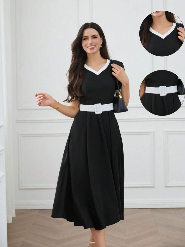 Women's Colorblock V-Neck Short Sleeve Elegant Mid-Calf Dress Black Dresses Classy Elegant Summer Dresses For Women Birthday Dresses For Women