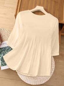 Linhara Plus Size Women Heavy Embroidery Decor Round Neck 3/4 Sleeve Blouse - Apricot - View 2