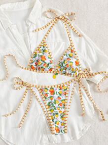 Swim Mod Set de 2 piezas de traje de baño con parte superior tipo halter y Bottom con lazos laterales con estampado de fruta de verano, ropa de playa sexy y de moda - Multicolor - Ver 2