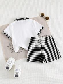 Cozy Pixies 2pcs/Set Baby Boy Striped Collar Short Sleeve Cardigan & Elastic Waist Shorts Set - Multicolor - View 2