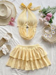 Soleia 波西米亚风、波西米亚风、浪漫花卉、度假、花卉女式 2 件套：挂脖镂空挂脖露背吊带背心 + 分层迷你黄色裙子，针织纹理面料，适合节日、约会、下午茶、度假、音乐节、波西米亚风格露肩圣诞节上衣，适合学校返校服装女装返校女装秋装哥特女装俱乐部服装女装性感万圣节服装俱乐部连衣裙外出服装音乐会服装乡村音乐会服装、派对 - 黃色 - 查看 7