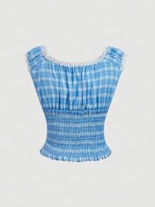 SHEIN MOD Plus Size Elegant Lady Vintage Romantic Lace Frill Splice Plaid Sheer Cover Up Top - Multicolor - View 2