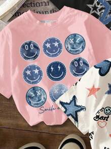SHEIN Set de 3 camisetas de cuello redondo de manga corta con estampado de estrellas y caras vintage personalizado, en negro, blanco y rosa, de estilo informal minimalista para niña preadolescente, para el verano y resorts