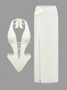Swim Oasis Conjunto de traje de baño de mujer con falda de volantes decorada con perlas blancas y 3 flores color albaricoque, diseño elegante y casual para la playa - Beis - Ver 1