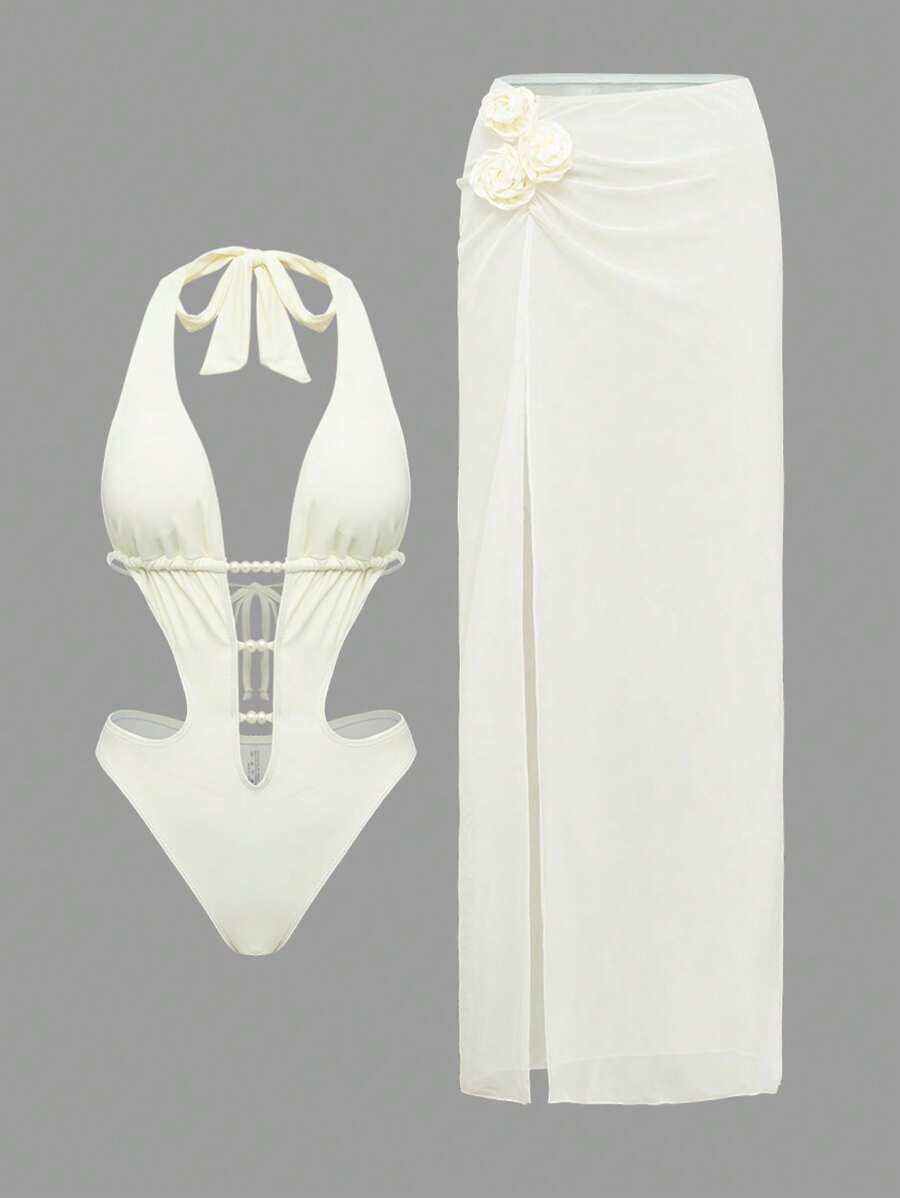 Swim Oasis Conjunto de traje de baño de mujer con falda de volantes decorada con perlas blancas y 3 flores color albaricoque, diseño elegante y casual para la playa - Beis - Ver 1