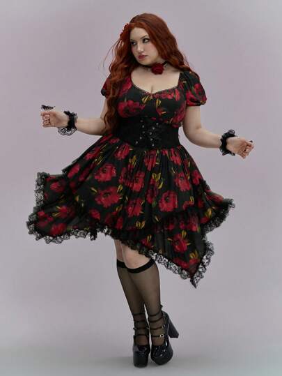 ROMWE Avant Plus Size Floral Print Asymmetrical Hem Puff Sleeve Summer Vacation Dress