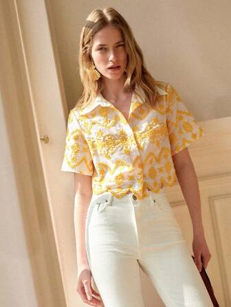 Écloséra 法式复古白地黄线绣花面料A+B拼接撞色衬衫领短袖女衬衣适合春夏度假通勤