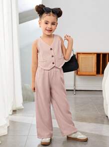 SHEIN Nova Glow 女童休闲春夏纯色无袖上衣和裤子套装 - 藕粉色 - 查看 4