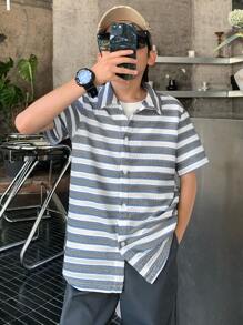 SHEIN 青少年男孩休闲短袖衬衫，运动、街头、朋克、摇滚、校园风格，适合日常外出、派对、音乐节，适合春夏季 - 彩色 - 查看 6