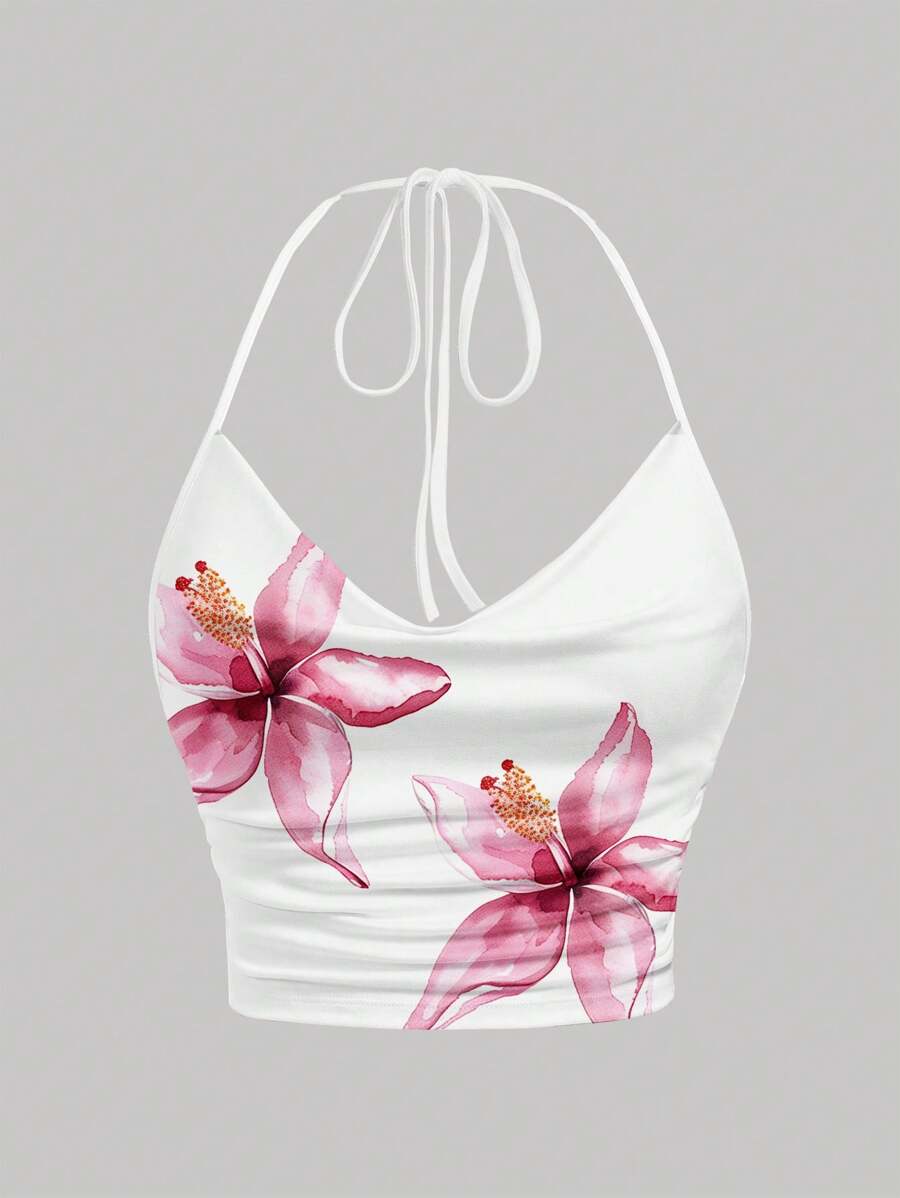SHEIN EZwear Bluză casual cu imprimeu floral și decolteu scurt, top versatil care flatează silueta, potrivit pentru vară, plajă, festivaluri de muzică