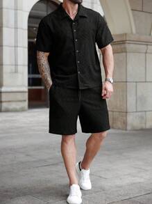 Manfinity Homme Plus-size heren effen kleur korte mouwen enkelrijs overhemd en shorts casual pak