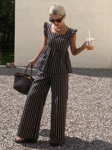 Livesso 女士条纹吊带背心和阔腿裤两件套，春夏 - 藍色 - 查看 2