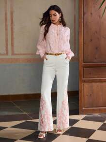 ZEYLAH Embroidered Color Block Elegant Flare Pants For Commuting, Spring/Summer - White - View 6