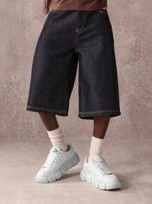 SUMWON 阔腿牛仔短裤街头潮流滑板风格纽约标志印花原色牛仔宽松百慕大长度宽松休闲夏季短裤 - 藍色 - 查看 4