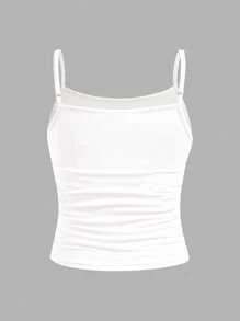 SHEIN Parte superior deportiva casual ajustada de tirantes con cintura fruncida con estampado floral de vacaciones para niñas preadolescentes - Blanco - Ver 2
