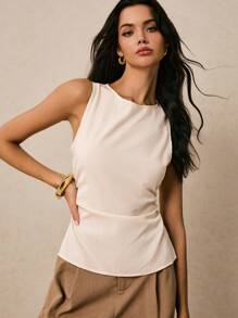 Poéselle Áo vải lanh, thiết kế xẻ tà, đơn giản và thời trang, phong cách cổ điển, áo ba lỗ không tay bó sát tối giản màu trơn mùa hè cho nữ - Màu Khaki - Xem 7