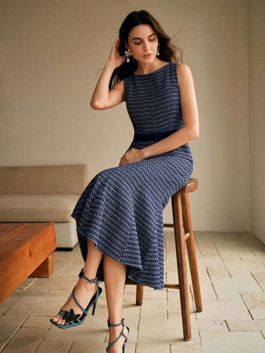 Anewsta Vestido jeans jacquard elegante, sem mangas, midi, justo e moderno para mulheres, adequado para primavera/verão, Páscoa, festivais, feriados e férias - Azul - Ver 1
