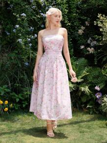 SHEIN MOD 花卉印花褶饰紧身胸衣优雅夏季度假茶会连衣裙 - 彩色 - 查看 4