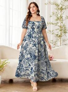 Modelyn Plus Size Elegant Chiffon Printed Square Neck Puff Sleeve A-Line Casual Spring/Summer Dress - Multicolor - View 1