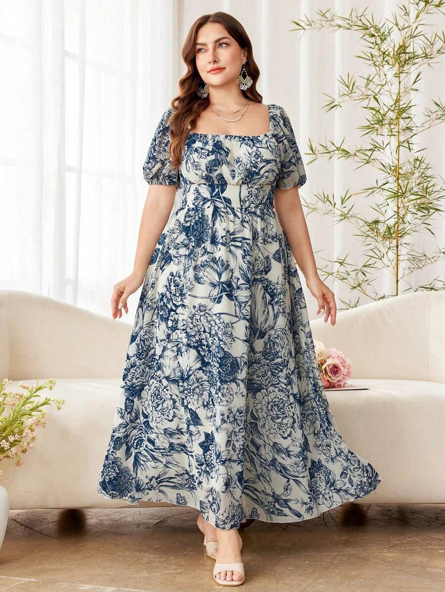 Modelyn Plus Size Elegant Chiffon Printed Square Neck Puff Sleeve A-Line Casual Spring/Summer Dress - Multicolor - View 1