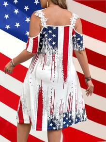 SHEIN LUNE Plus Size Star & Stripe American Flag Pattern Lace Trim Short Sleeve Dress, Spring/Summer - White - View 2