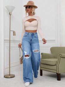 EMERY ROSE Jeans cargo con gamba dritta, design scolorito, vestibilità larga, taglia curvy, outfit da cowgirl in blu chiaro