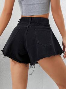 SHEIN ICON Shorts di jeans informali, vita alta, con orlo sfilacciato, stile distressed, taglie comode - nero - Visualizzare 5
