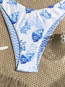 Swim Mod 2pcs/Set Summer Beach Random Print Textured Fabric Blue Pearl Shell Accessory Halter Bra Top & High Cut Bikini Swimsuit Set - Blue and White - View 4