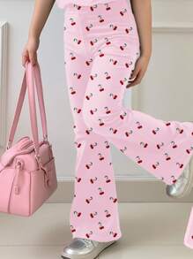 SHEIN 2 件套女童休闲卡通图案圆领短袖上衣和喇叭裤套装，适合夏季 - 彩色 - 查看 4