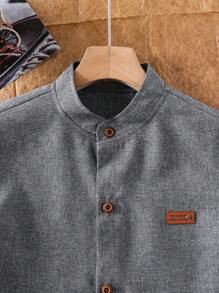 SHEIN 1 件青少年男孩立领绅士风格纯蓝色百搭休闲短袖衬衫，春夏 - 灰色 - 查看 4