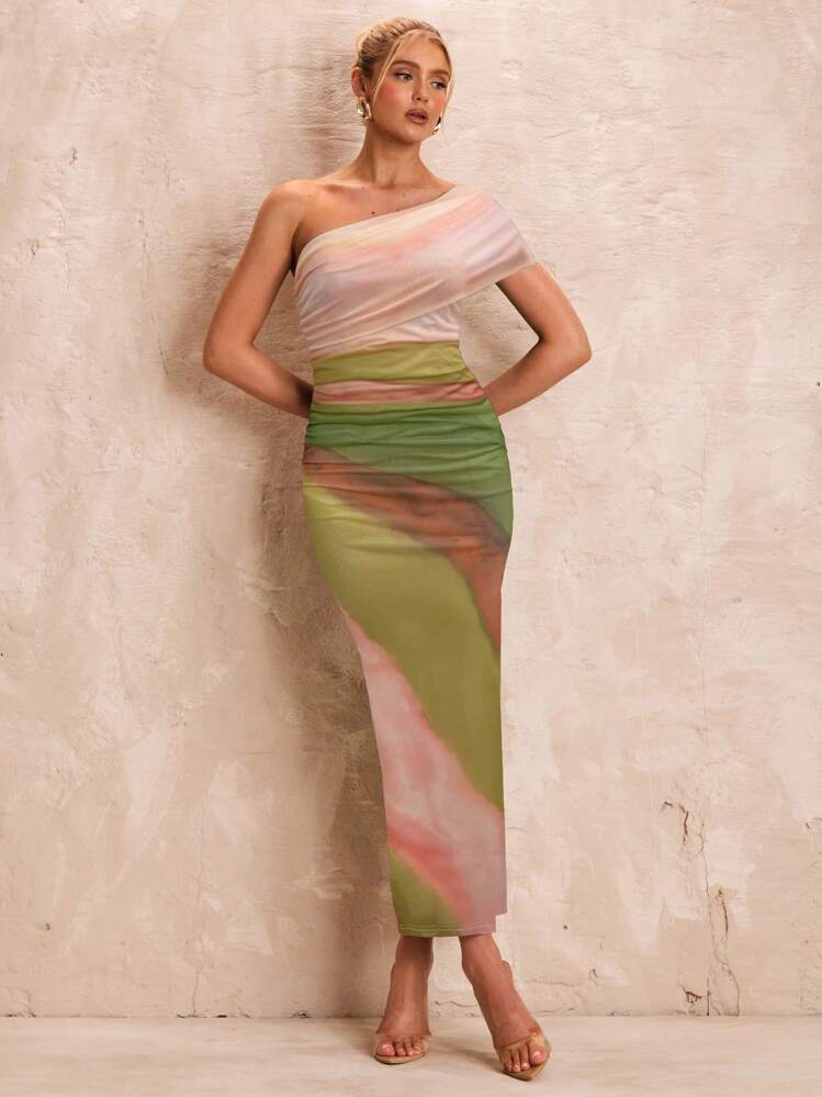 Glamine Women's Summer Green Tie-Dye Slit Mesh Panel Mini Dress, Bodycon Pleated Vacation Dress, Women Casual Dress, Woman S Summer Clothes, Women Birthday Outfit - Green - View 6