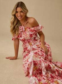 Enchnt Spring/Summer Romantic Women's  Vacation Style Allover Print Embellished Halter Ruffle Hem One Shoulder Maxi Dress,Sweet&Elegant&Sexy, For Holiday Dress&Vacation Dress&Sweet Date&Graduation Season Dress&Afternoon Tea&Garden Parties,Summer Outfits For Women,Elegant Dresses For Women,Bohemian Clothes