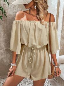 EMERY ROSE 度假印花露肩喇叭袖连体裤