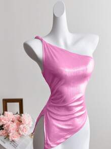 Elamini 白色修身不对称领性感衬衫 - 粉色 - 查看 4