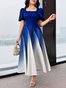 Feyla 女士方领短款泡泡袖渐变色优雅中长连衣裙 - 藍色 - 查看 7