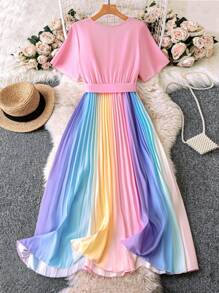 SHEIN LUNE SHEINLUNE 大码女式彩虹褶皱V领灯笼袖系腰连衣裙 - 粉色 - 查看 2