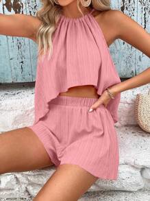 SHEIN Holidaya 新年服装高低下摆吊带上衣和短裤 - 藕粉色 - 查看 6