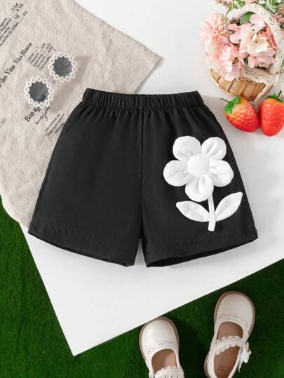 Quần short dệt lưng thun thêu hoa phối màu đơn giản cho bé gái, mặc hàng ngày đa năng